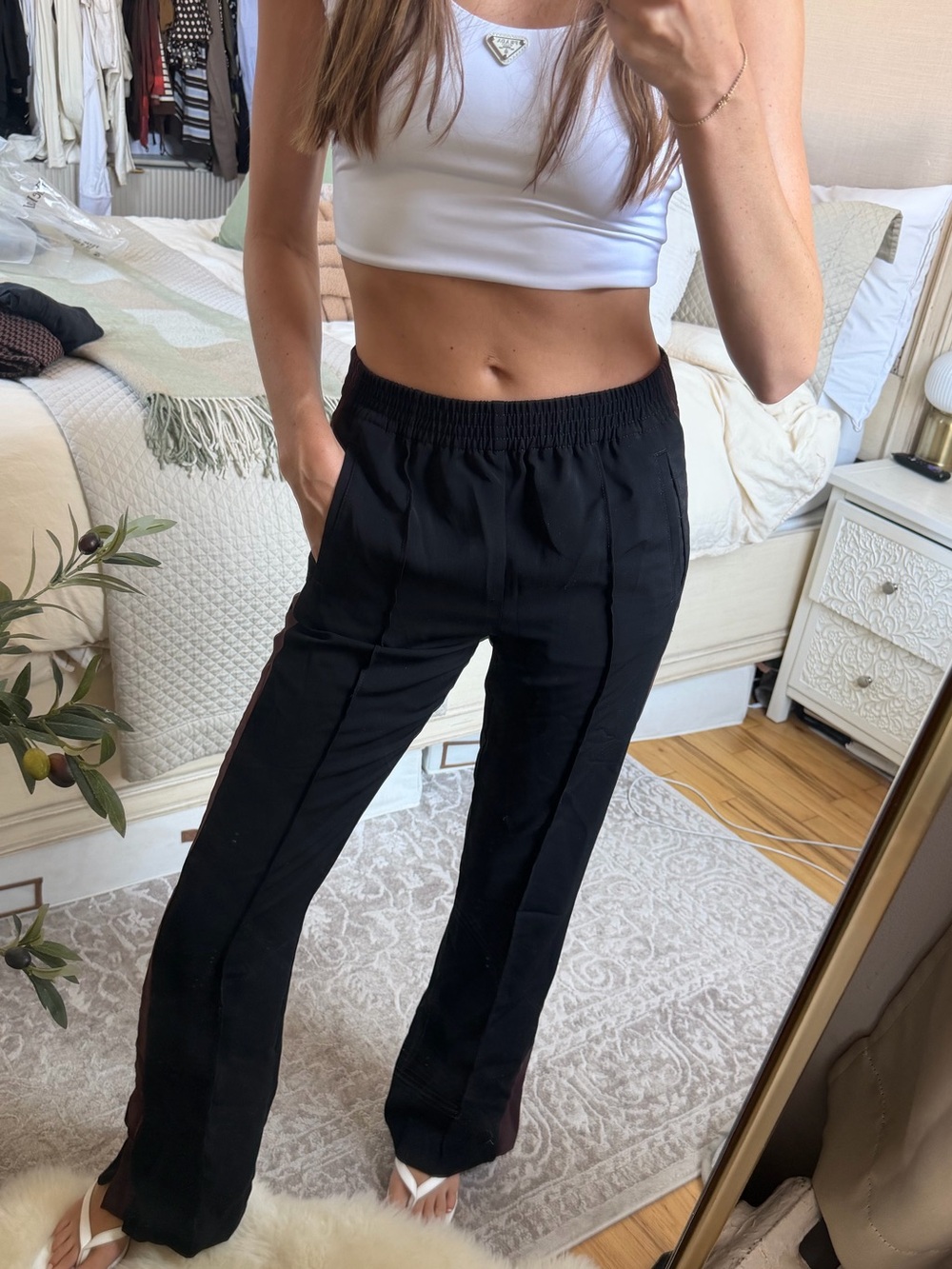 Madewell Black Wide-Leg Track Pants with Brown Side Stripe